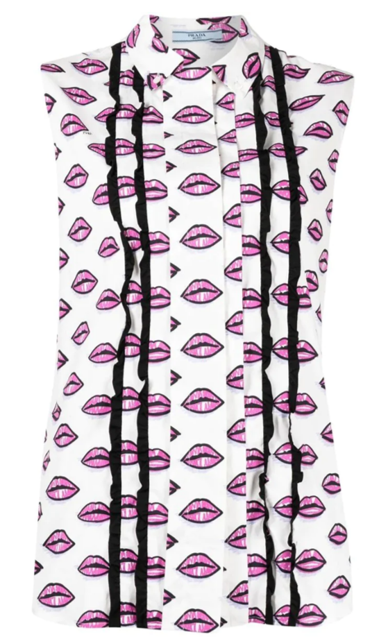 Prada kiss print sleeveless shirt with bold graphic design, featuring a relaxed fit and stylish sleeveless cut.