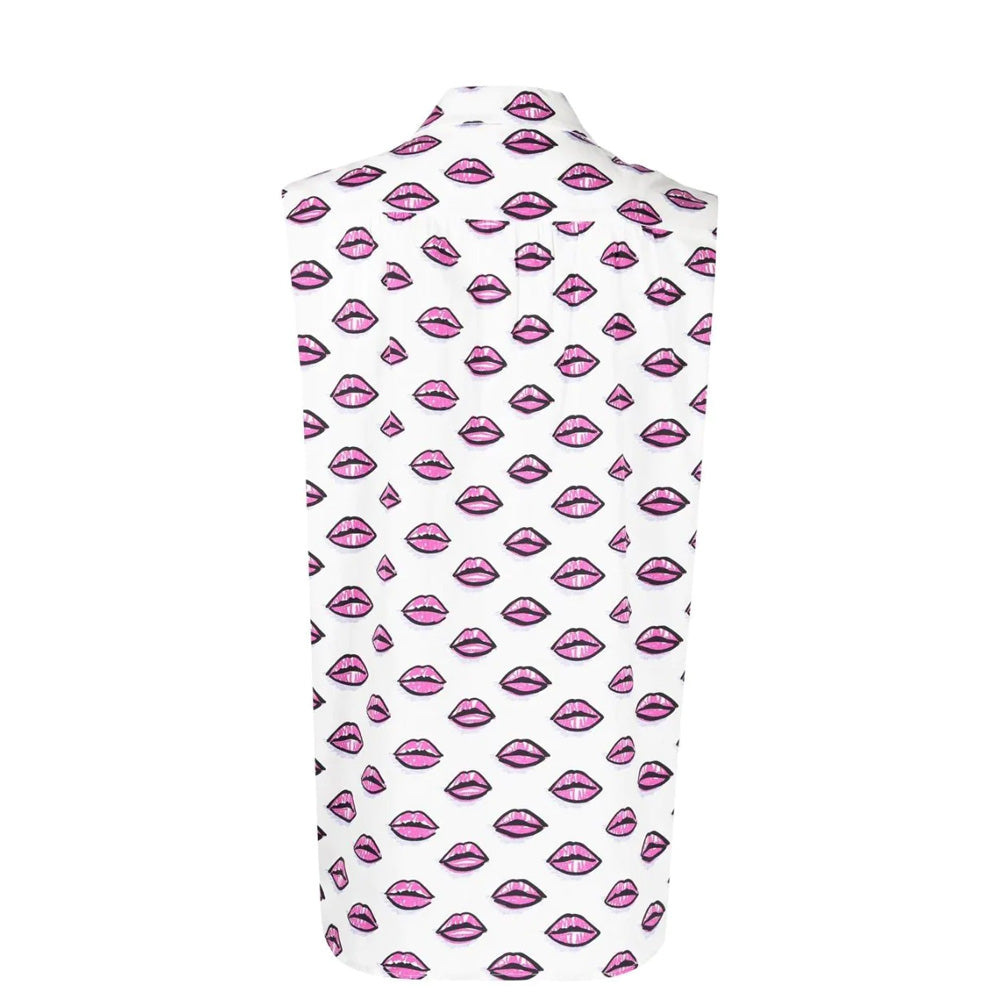 Prada kiss print sleeveless shirt with bold graphic design, lightweight fabric, and stylish sleeveless cut, ideal for trendy summer outfits.