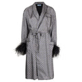 Prada silk robe with feather details, elegant and luxurious, showcasing a smooth fabric and delicate feather accents.