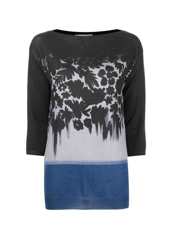 Blue floral print Prada knit top, featuring a stylish design with vibrant floral patterns on a comfortable knit fabric.