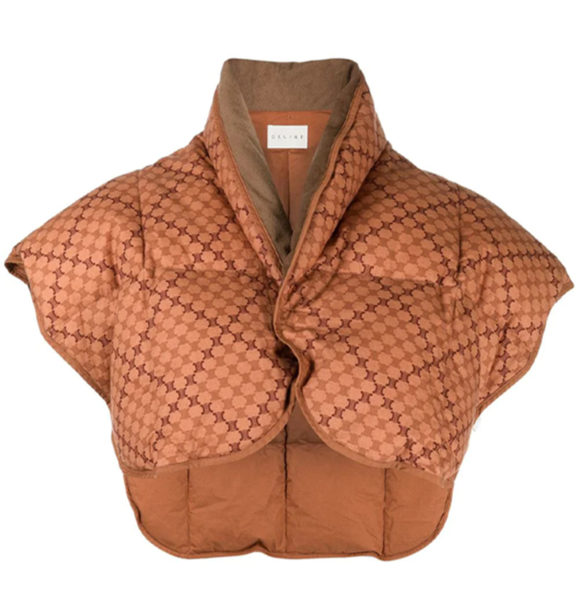 Celine cropped padded plaid jacket with puffer style, featuring a quilted design and classic plaid pattern, suitable for casual wear.