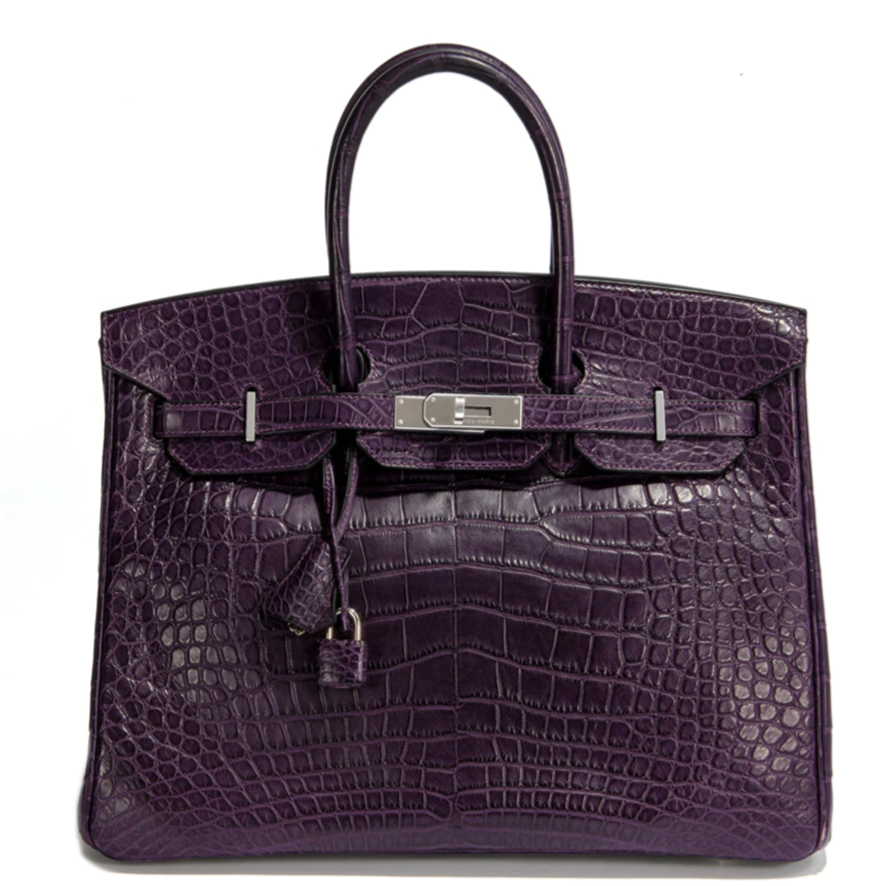 Hermès Birkin 35 Amethyst purple top handle bag with gold hardware, showcasing luxurious leather and elegant design.