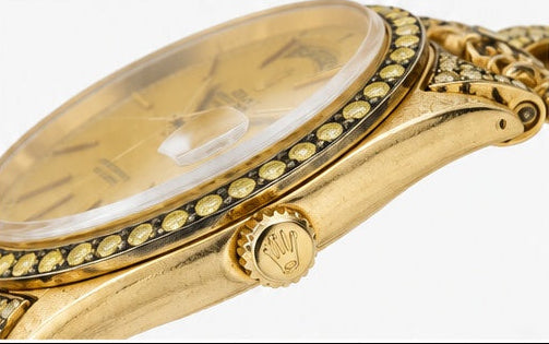 Side profile view of a Rolex Loree Rodkin watch showcasing its elegant design and craftsmanship.