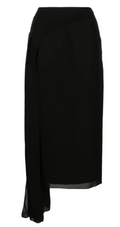 Chanel asymmetric silk midi skirt with flowing design and elegant drape, displayed in a retail setting.