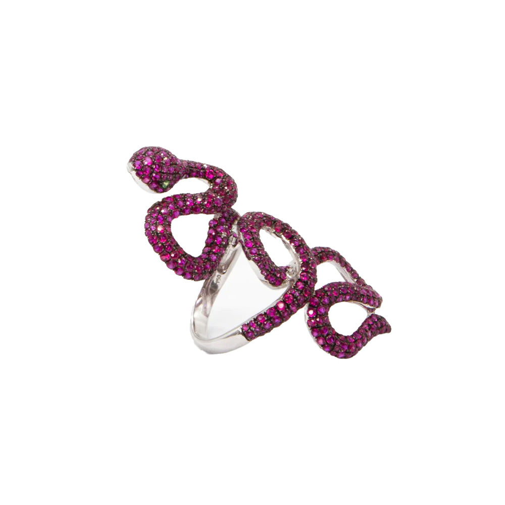 Close-up of Lydia Courteille Ruby Snake Ring showcasing intricate design with a vibrant ruby gemstone and detailed snake motif.