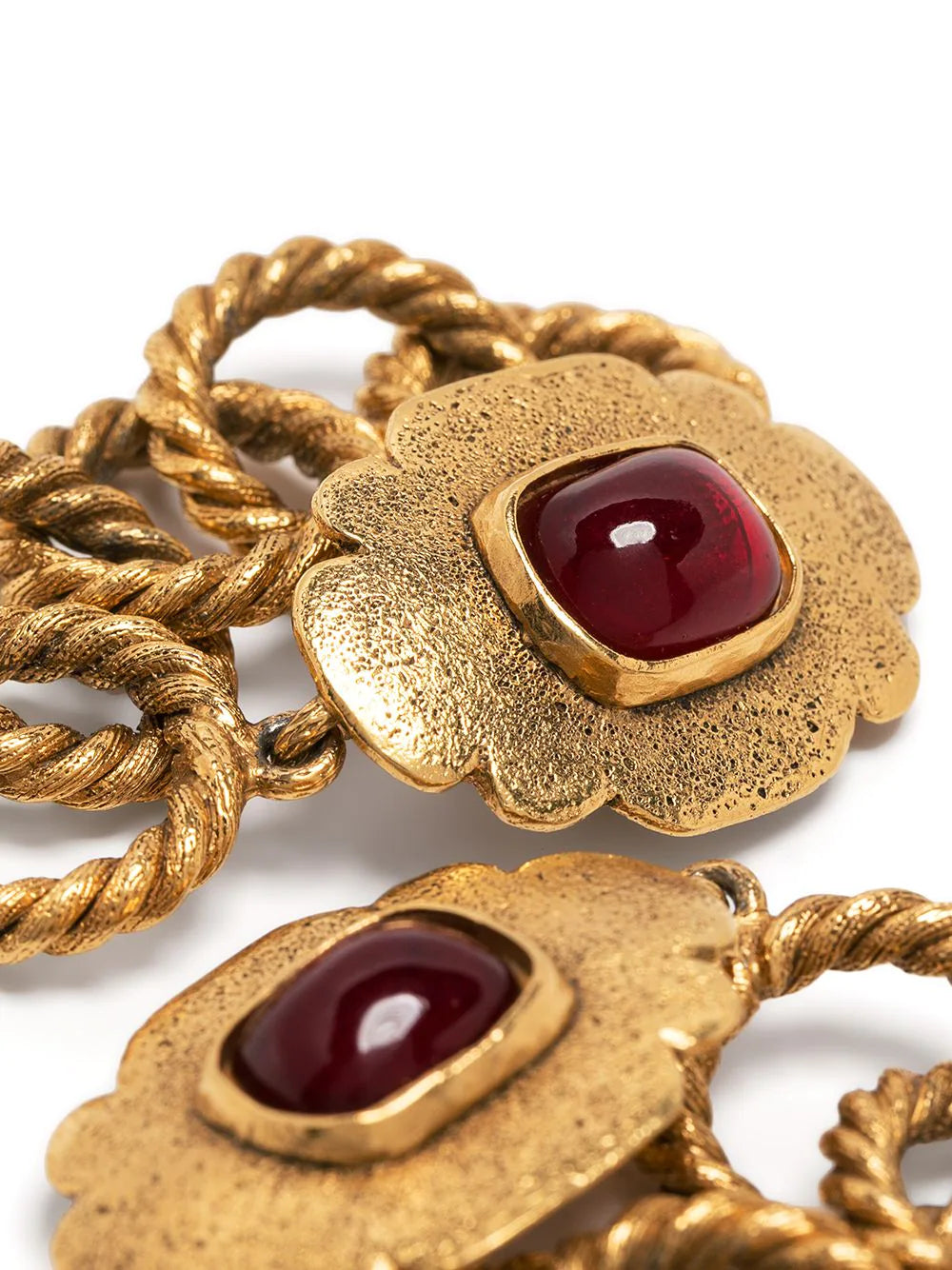 Chanel Ruby Gripoix chainlink drop earrings featuring vibrant red stones and elegant gold-tone chain links.