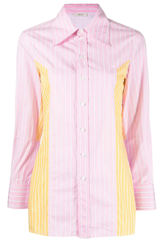 Celine striped long sleeve button-up shirt with vertical navy and white stripes, classic collar, and button cuffs.