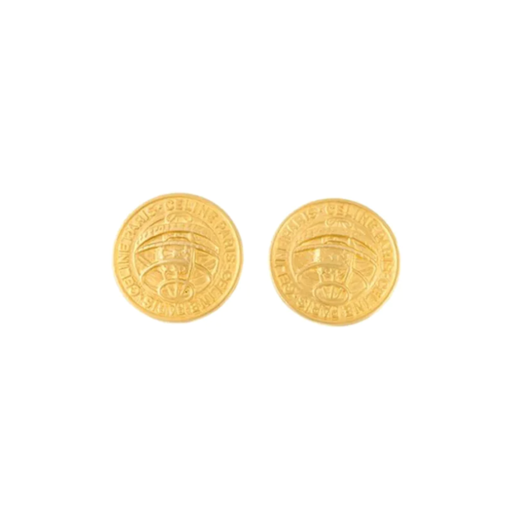 Celine vintage medallion stud earrings with intricate gold-tone design on a white background.