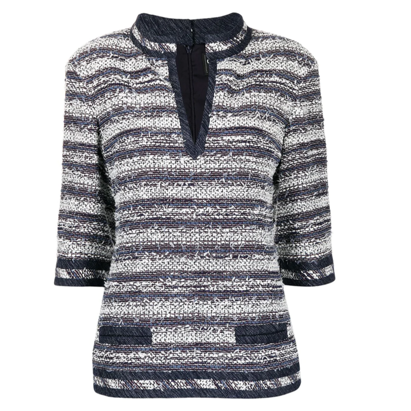Chanel striped blue tweed tunic top with a classic textured fabric and stylish design, perfect for elegant casual wear.
