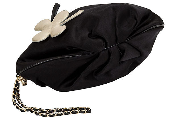 Chanel Black Silk Evening Bag w/ Clovers