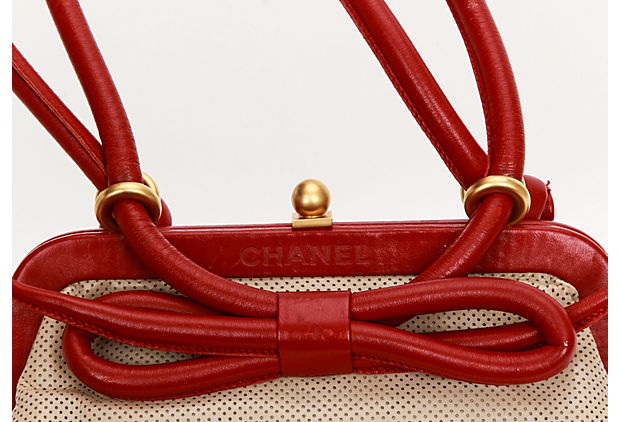 Chanel Beige & Red Perforated Bow Bag
