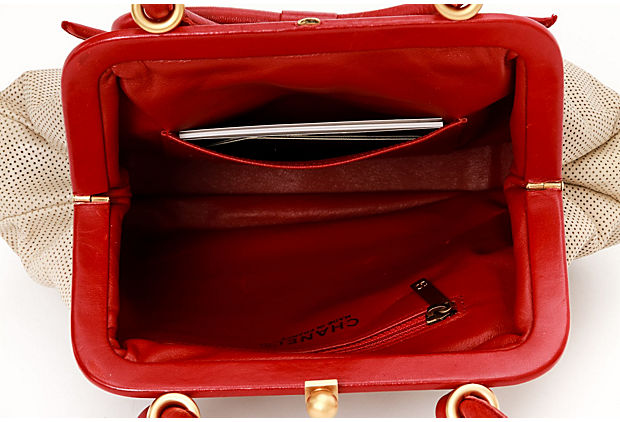 Chanel Beige & Red Perforated Bow Bag