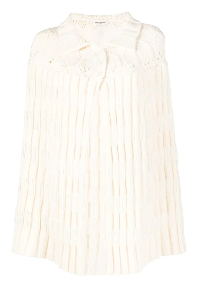 White Saint Laurent chunky knit crochet poncho, cozy and stylish blazer or jacket with textured knit pattern.