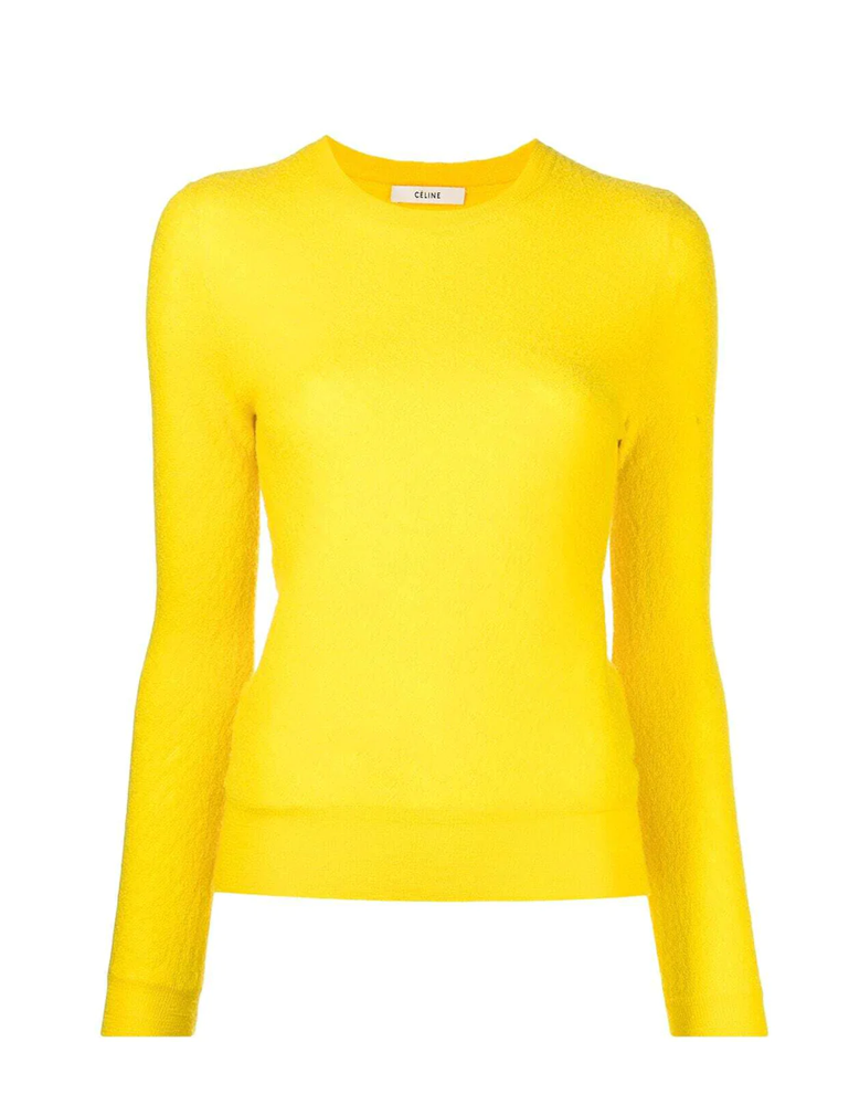 Celine yellow crewneck knit jumper, cozy sweater top with ribbed cuffs and collar, soft knit fabric, casual stylish women's apparel