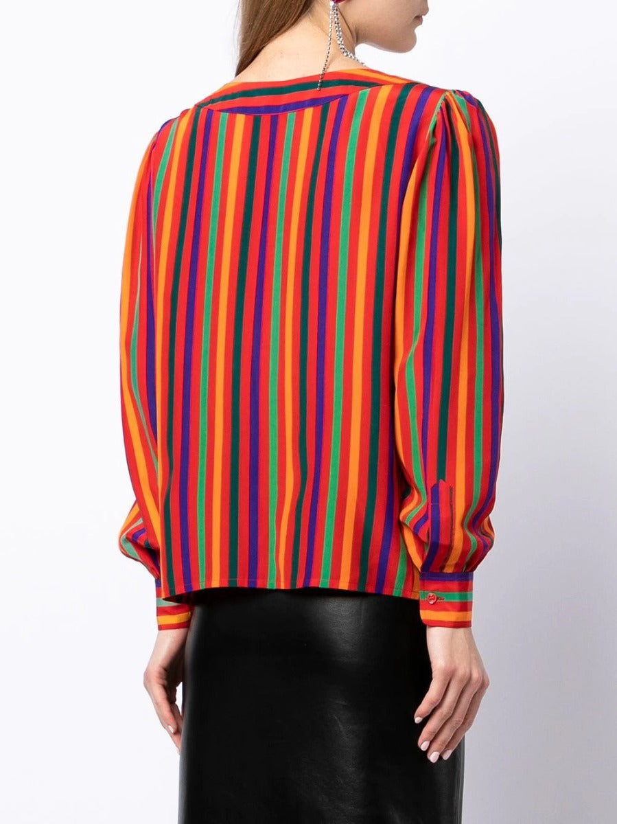 Back view of Yves Saint Laurent Rive Gauche striped silk blouse, stylish tops with elegant vertical stripe design.