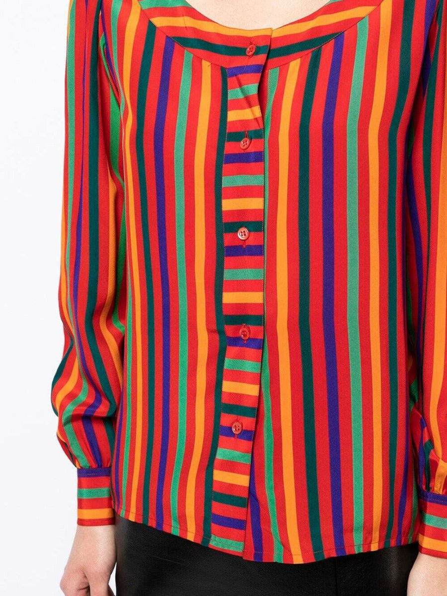 Yves Saint Laurent Rive Gauche striped silk blouse with long sleeves and classic collar, detailed close-up of the stylish top.