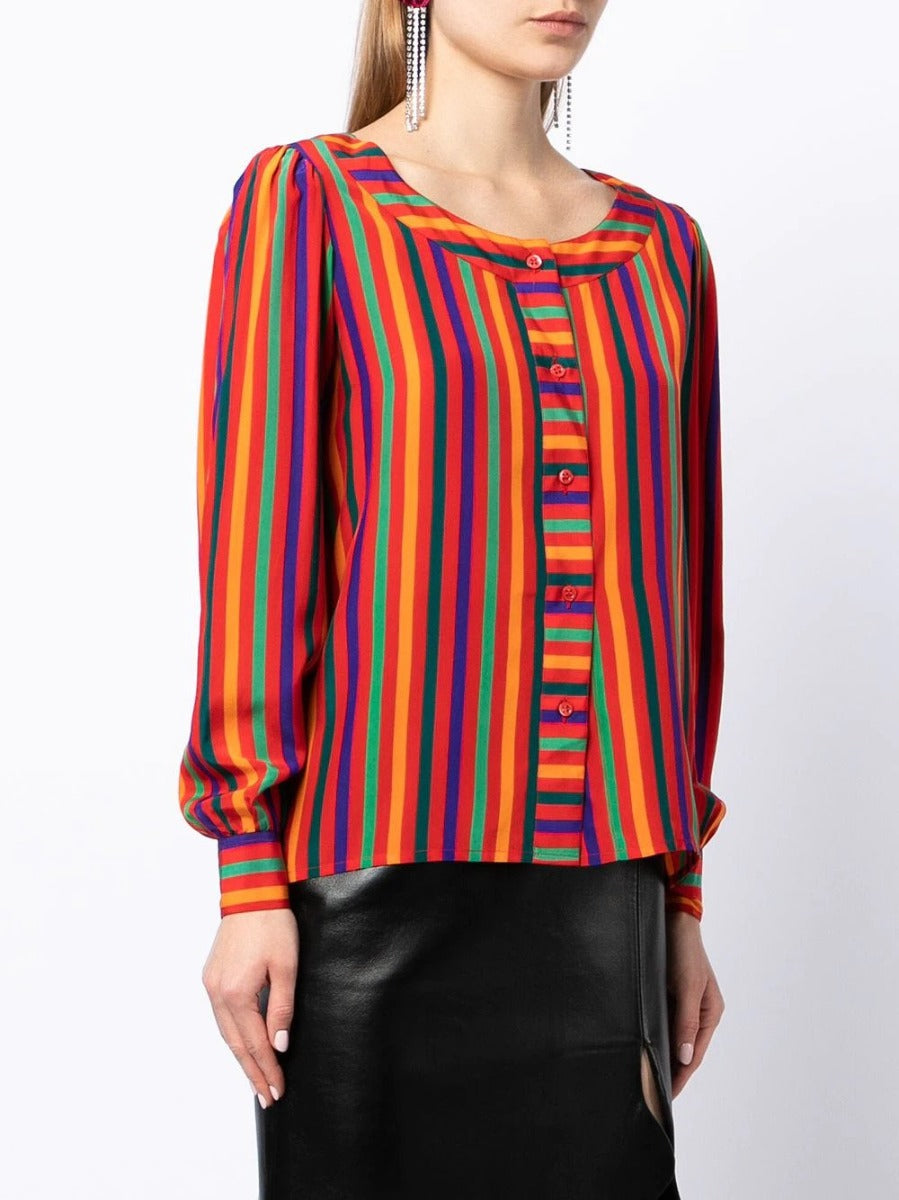 Yves Saint Laurent Rive Gauche striped silk blouse, side view showing classic pattern and elegant long sleeves.